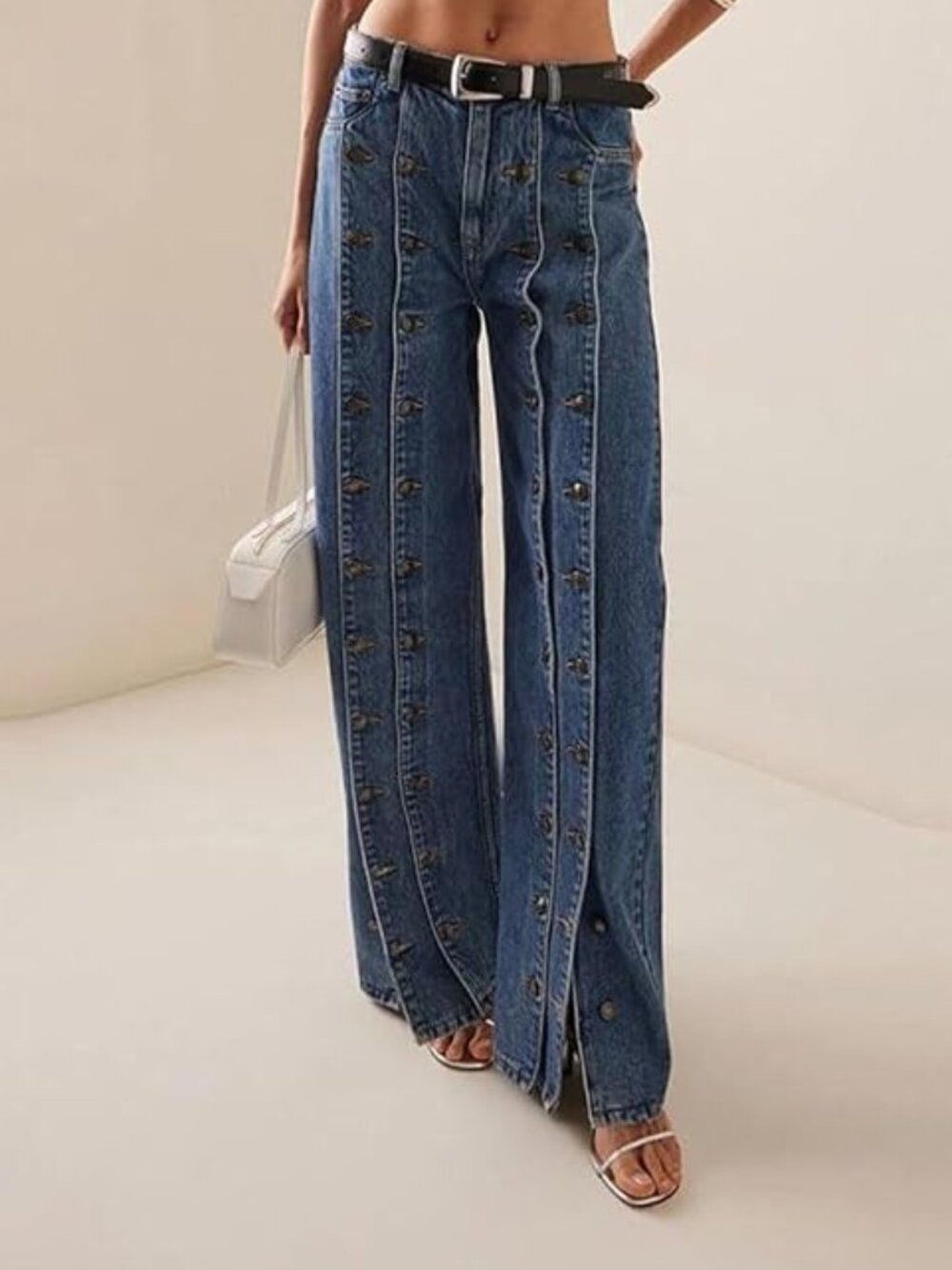 Women's Vintage Button Fly Jeans Straight Leg Denim Pants Mid Rise